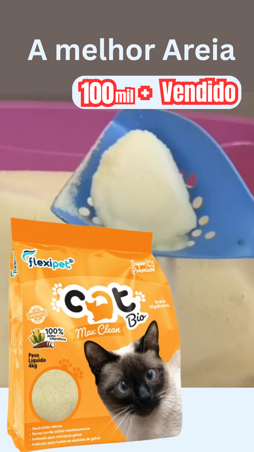 Areia Catbio Biodegradável 4 Kg / Max Clean / Grãos Finos